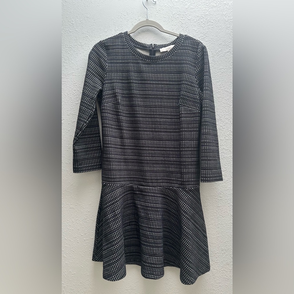 LOFT Black and White Patterned Drop Waist Long Sleeve Dress